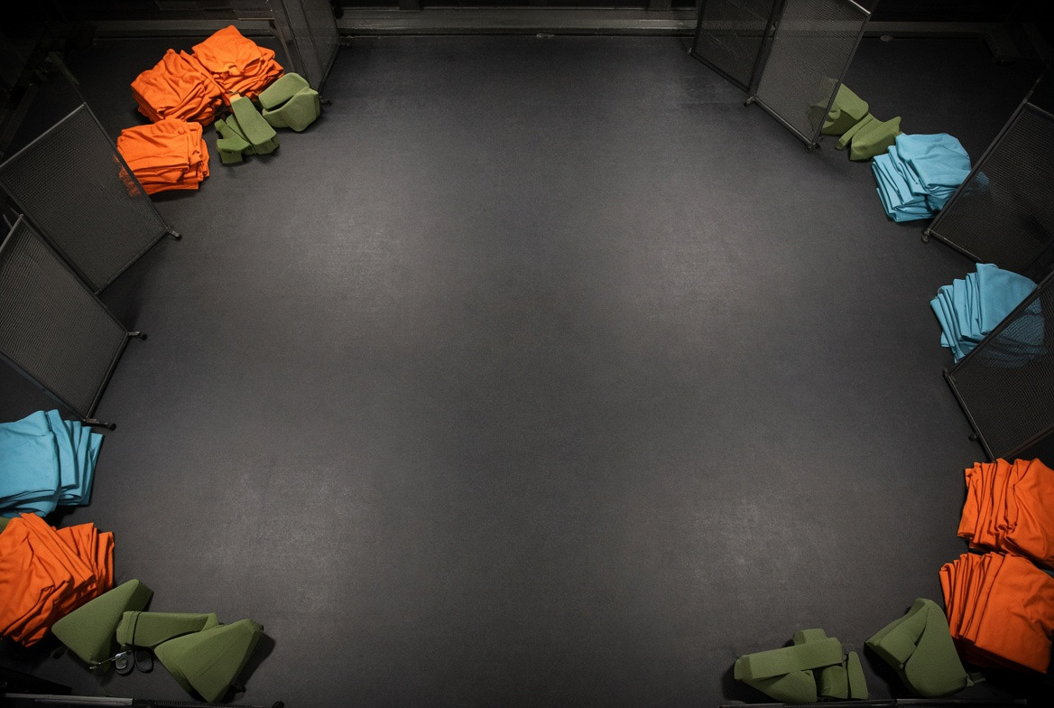 An empty circular rehearsal bay with multiple illuminated communication routes