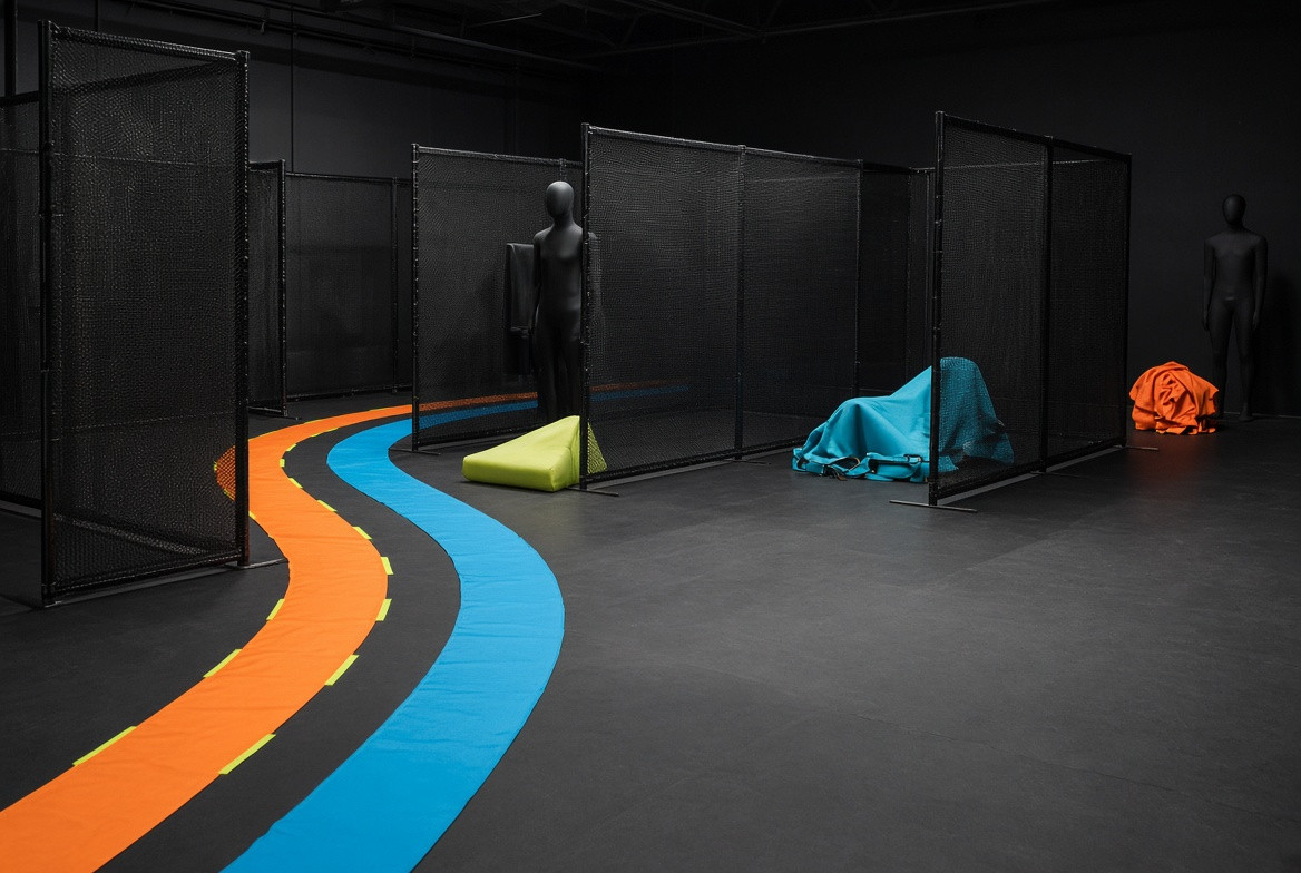 A role boundary illuminated inside a rehearsal bay